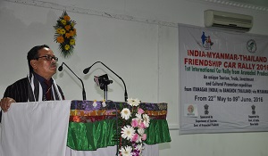 The Governor of Arunachal Pradesh Shri JP Rajkhowa addressing on the Curtain Raiser function of the India-Myanmar-Thailand Friendship Car Rally  at Golden Jubilee Banquet Hall, Itanagar on 21st May 2016.